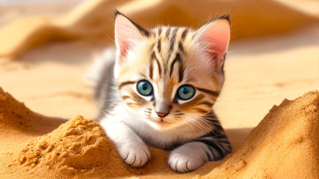 Small cute kitten on the sandy beach, closeup. Little fluffy cat on the coast, plays in the sand. with copy space