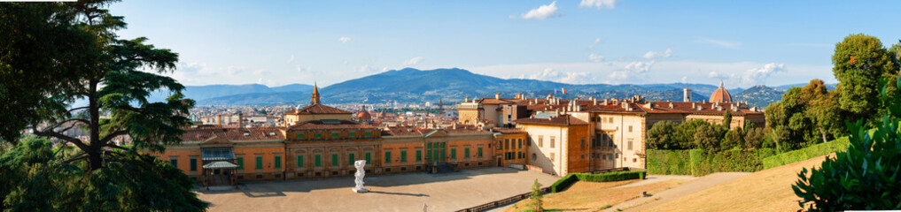 Panorama view of Palazzo Pitti from Boboli Garden in Florence with Cathedral of Santa Maria del Fiore on the right. Italy - obrazy, fototapety, plakaty