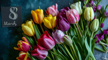 Vibrant Tulip Bouquet: A stunning arrangement of tulips in various colors, forming a beautiful background with text "8 March," Spring flowers, Flat lay, top view, with copy space