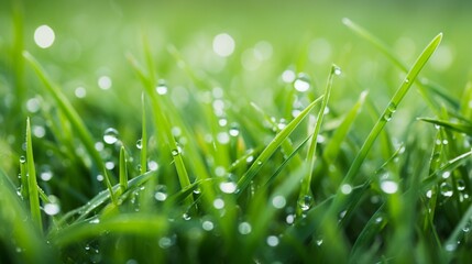 A close-up shot of grass covered with dew