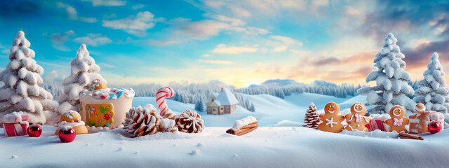 Christmas cookies on snow and blue background. Christmas concept.Generative AI