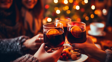 Friends drink delicious mulled wine at a party.Generative AI