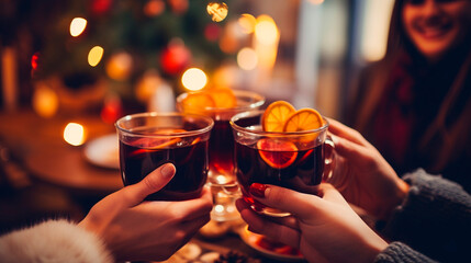 Friends drink delicious mulled wine at a party.Generative AI