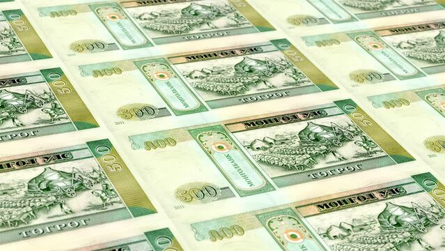 Mongolia Mongolia Tugrik 500 Banknotes Money Printing House, Printing Five Hundred Mongolia Tugrik, Printing Press Machine Print out Mongolia Tugrik, Being printed by currency press machine 500
