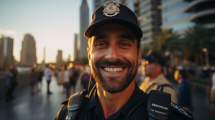 An elderly, white, Caucasian dubai man police officer in a uniform and headgear is seen outside a mature, mature car during a summer sunset while on vacation. first-person point of view. operating  - obrazy, fototapety, plakaty