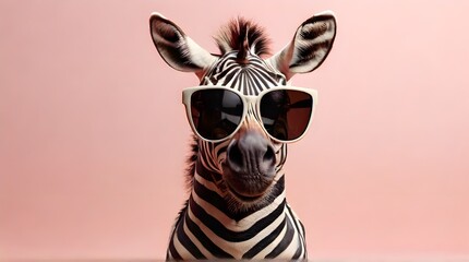 portrait of beautiful zebra with sunglasses on pink background. Generative AI.