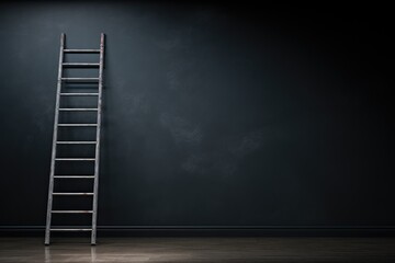 A ladder leaning against a black wall. Minimalism, the path to success. Stairs.