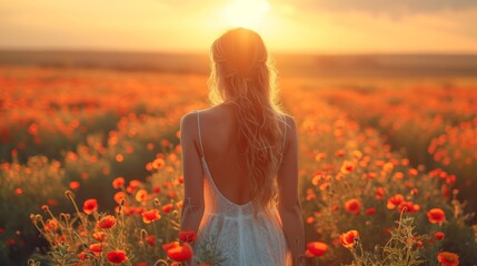 Fototapeta na wymiar Frau mit weißem Kleid läuft durch ein Blumenfeld im Sonnenuntergang, Modell im Blumenfeld