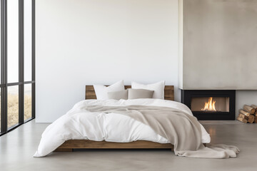 Bedroom with a fireplace and large window in minimal style