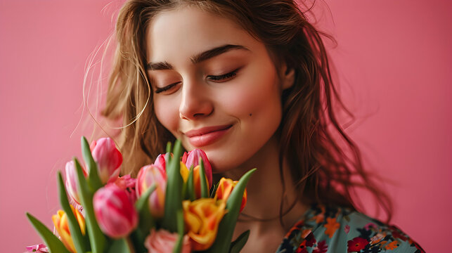 Cute female close up portrait with bouquet of flowers international woman day concept