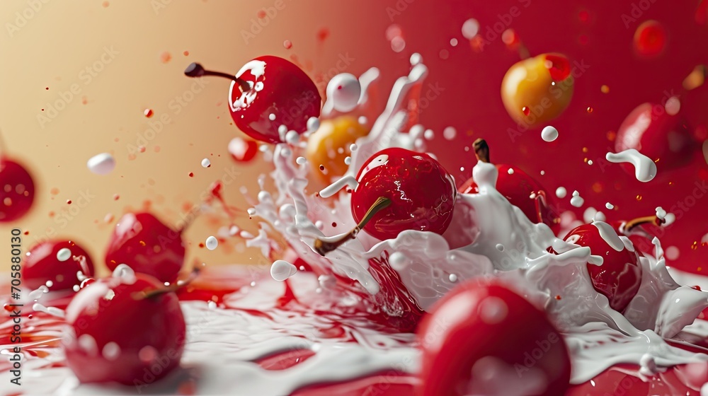 Canvas Prints  a group of cherries splashing into a liquid filled with white and red liquid on top of a red surface.