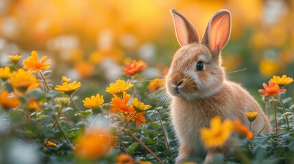 Osterhase auf einem Blumenfeld mit warmen Licht 