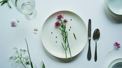 a white plate topped with pink flowers next to a glass of water and a spoon and a glass of water. - Powered by Adobe