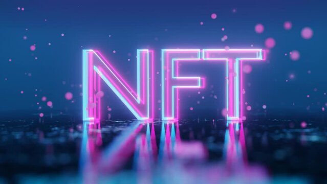 red particles fly on a blue background around the neon glowing word NFT. The camera flies in a circle. looping abstract animation. 3d render