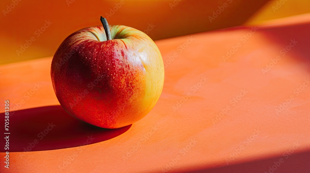 Sticker a red apple sitting on top of an orange table next to a yellow wall with a shadow of the apple on it