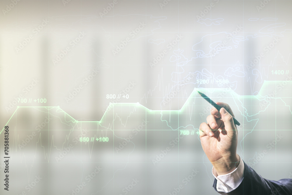 Poster multi exposure of male hand with pen working with abstract statistics data hologram interface on blu