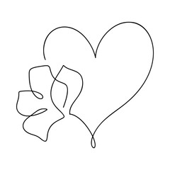 Hand drawn love heart with flower monoline vector logo one art line illustration. Black outline. Element for Valentine Day banner, spring poster, greeting card