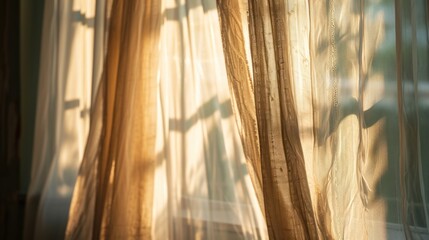 Sunlight creates a dance of shadows through sheer golden curtains.