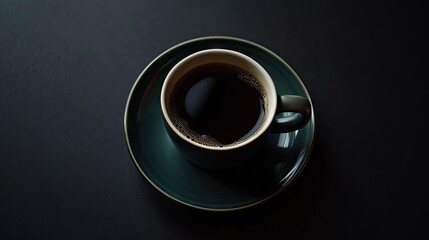 a cup of coffee sitting on top of a green saucer on top of a saucer on a black table.