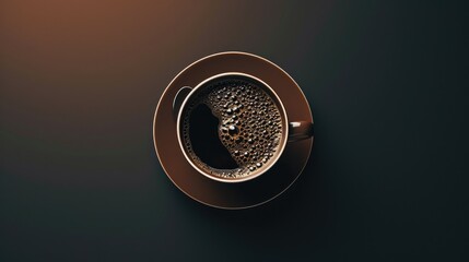  an overhead view of a coffee cup on a saucer on a black background with a small amount of coffee in it.