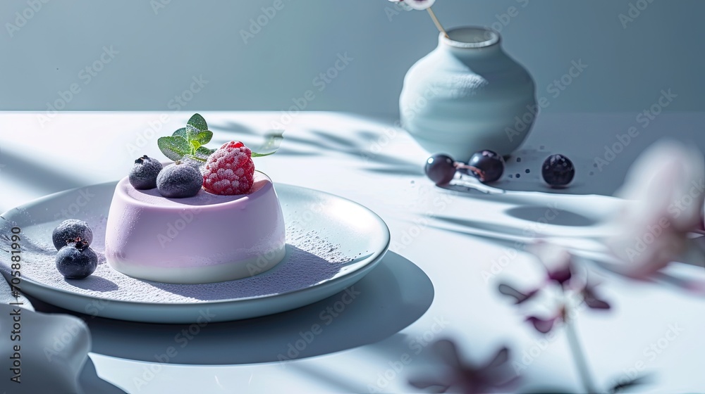 Wall mural a white plate topped with a dessert next to a vase filled with blueberries and raspberries on top of