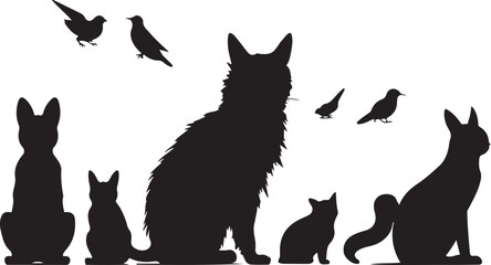 Group of pets; dog, cat, ferret, rabbit, bird, fish, rodent, solid black silhouette vector