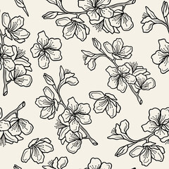 Line art cherry blossom seamless pattern