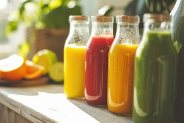 bottles of freshly squeezed smoothies close-up on a white tabletop
