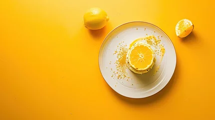 Foto op Plexiglas  a white plate topped with a slice of lemon next to two halves of a lemon on a yellow tablecloth. © Oleg
