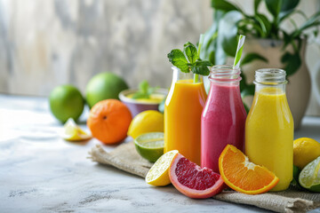 bottles of freshly squeezed smoothie close-up on a white tabletop with slices of orange, grapefruit - obrazy, fototapety, plakaty