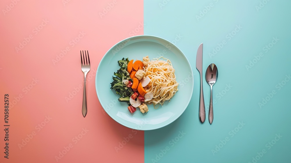 Wall mural a plate of food with noodles, carrots, and broccoli on a pastel blue and pink background.