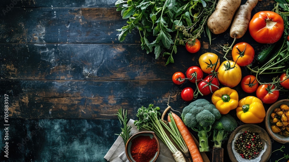 Canvas Prints  a wooden table topped with lots of different types of vegetables next to a bowl of seasoning and seasoning.