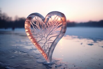 Fototapeta premium Icy heart on the snow, romance and winter. Frozen ice close-up.