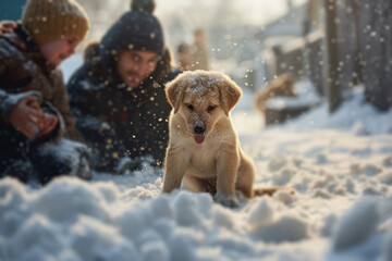 Puppy Enjoying First Snow with Children.
