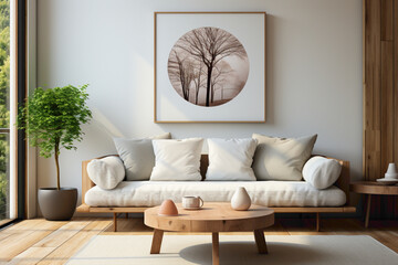 Visualize a modern living room adorned with a round wooden coffee table placed near a crisp white sofa against a clean wall with a stylish poster frame. 