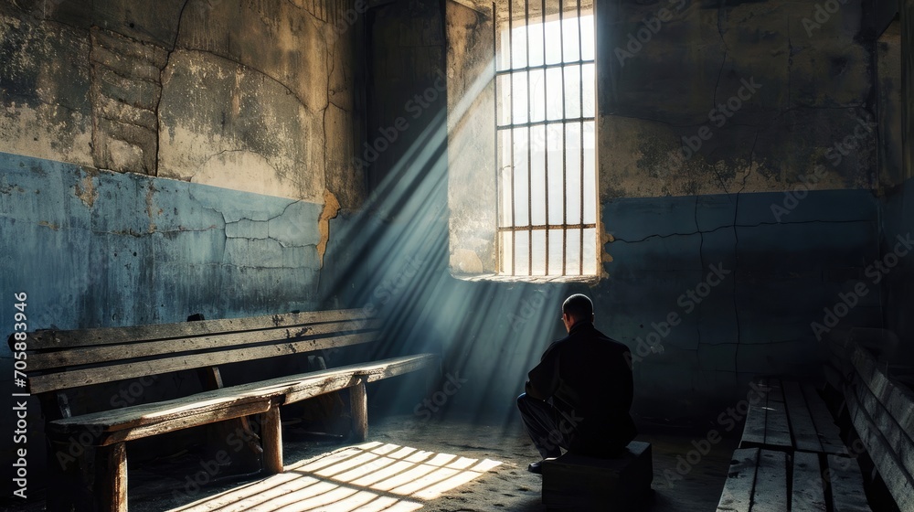 Canvas Prints a person sitting on a bench in a room with sunlight streaming through the window and casting a shado