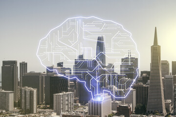 Double exposure of creative artificial Intelligence interface on San Francisco city skyscrapers...