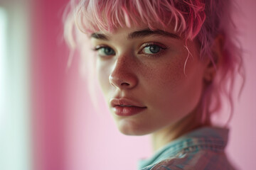 Young Woman with Pink Hair in Soft Light.