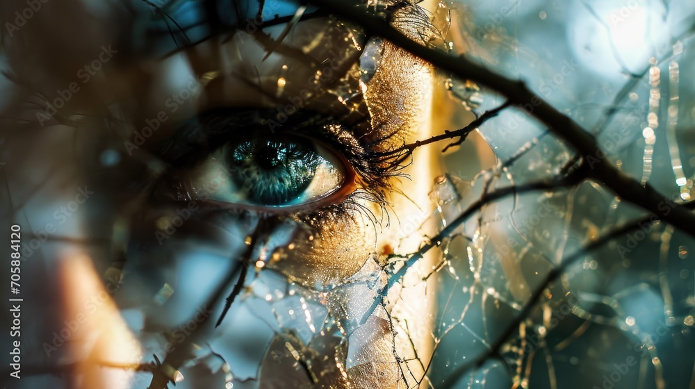 Poster  a close up of a person's eye with drops of dew on the branches of a tree in the foreground.