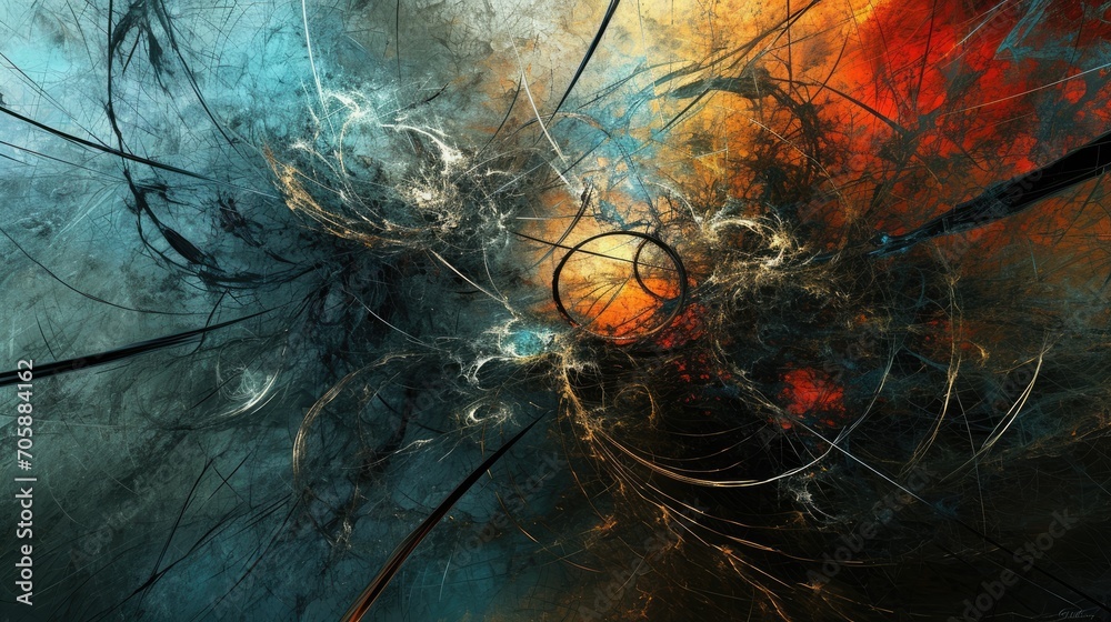 Wall mural a close up of an abstract painting with blue, orange, and yellow colors on a black background with a