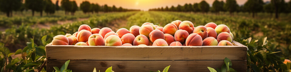 Organic peaches in a wooden box on the field.Generative AI