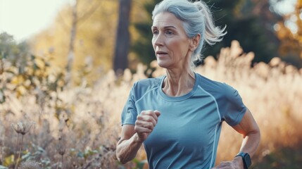 Elderly woman is jogging in the park, runner,  Healthy, fitness, wellness lifestyle. Sport, cardio, workout - obrazy, fototapety, plakaty