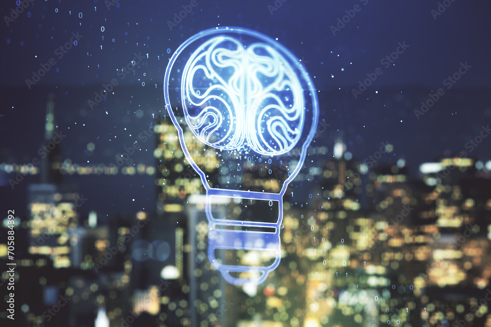 Poster double exposure of abstract virtual creative light bulb hologram with human brain on blurry cityscap