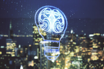 Double exposure of abstract virtual creative light bulb hologram with human brain on blurry cityscape background, idea and brainstorming concept - Powered by Adobe