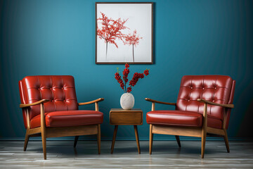 Visualize the charm of two chairs in brown, white, and red, positioned against a blank wall, with an empty frame as a focal point. 