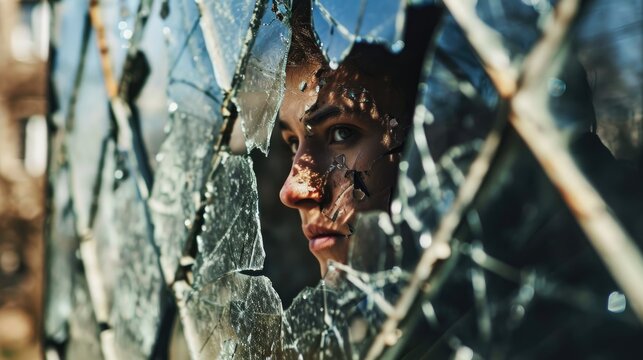  a close up of a person looking through a broken glass window with a lot of bullet holes all over it.