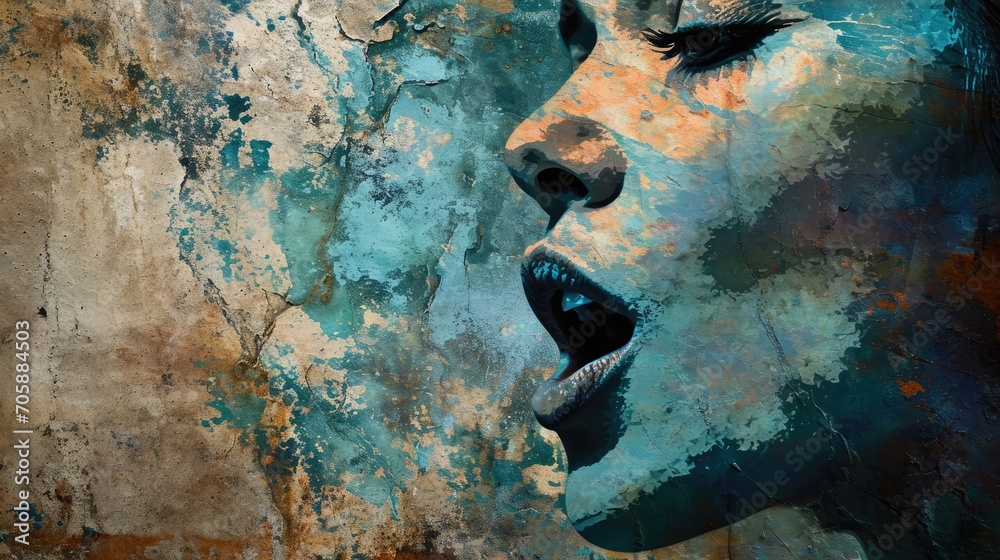 Canvas Prints  a painting of a woman's face with her mouth open and eyes wide open, painted on a wall.