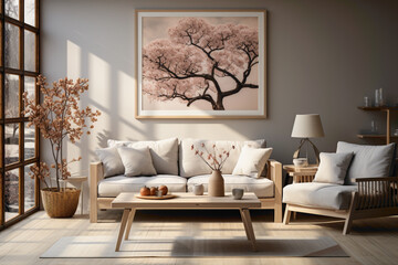 Visualize the perfect fusion of Japanese and Scandinavian design in a Japandi-inspired living room. 