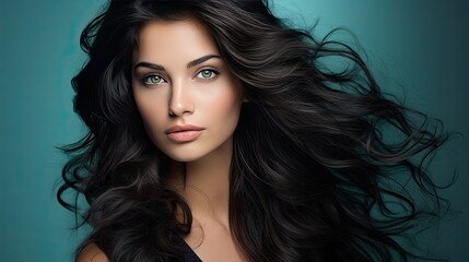 Naklejka premium Beautiful female face with powerful silky hair and chic hairstyle. Perfect image of a beautiful brunette woman. Feminine image of natural beauty. Illustration for beauty and fashion magazine.