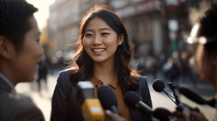 young professional politician woman being interviewed live by a tv broadcast channel with microphones and cameras on a press conference outside on the city street - obrazy, fototapety, plakaty